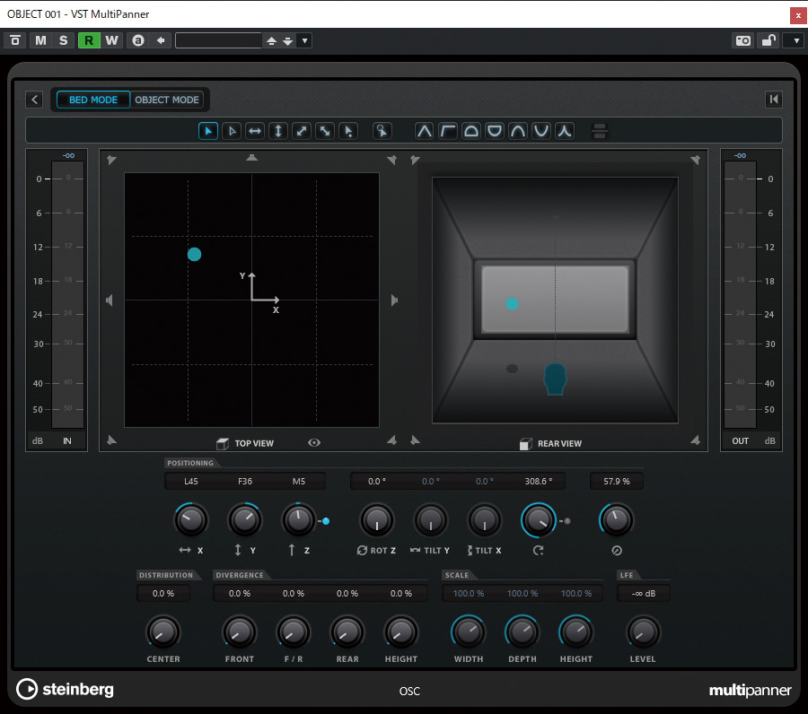 Music Canvas Showの各オブジェクトの位置情報は、Steinberg Nuendo付属プラグインのVST MultiPannerによって記録。トップ・ビュー（画面左）とリア・ビュー（同右）で視覚的に確認しながら位置を細かく設定することができる