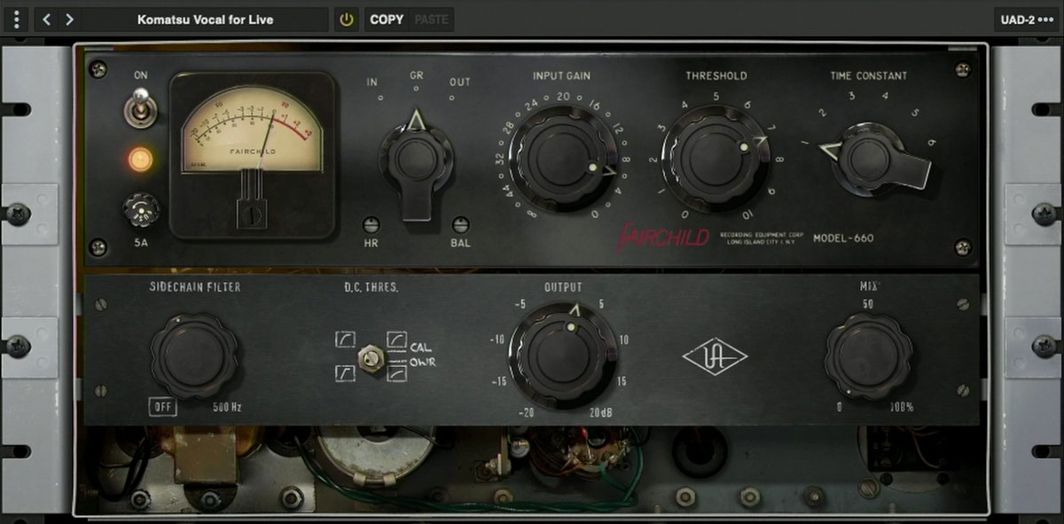 Fairchild 660。パラレルコンプレッションやサイドチェイン・フィルターを備えている