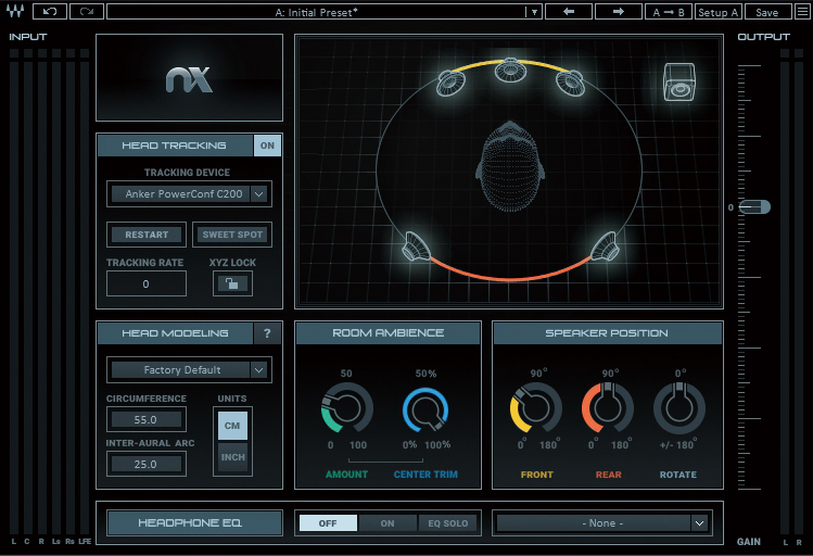 サード・パーティ製のバーチャル・モニタリング・プラグインWAVES Nx Virtual Mix Room Over Headphones。マスター・バスに挿し、コンピューターのWebカメラで顔を認識させると、スピーカーが配置された仮想の音響空間上でのリスニングが可能となる