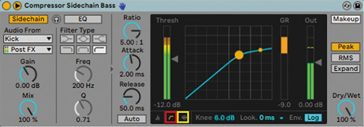 ベース・トラックにインサートしたCompressor。Compressorを読み込み、デバイス名左の▶マークを押すと画面が展開してSidechainの項目が表示される。また、ビューはデフォルトの状態ではアクティビティビュー（黄枠）になっているが、タブを（赤枠）切り替えると、上画面のようなトランスファーカーブビューで表示される