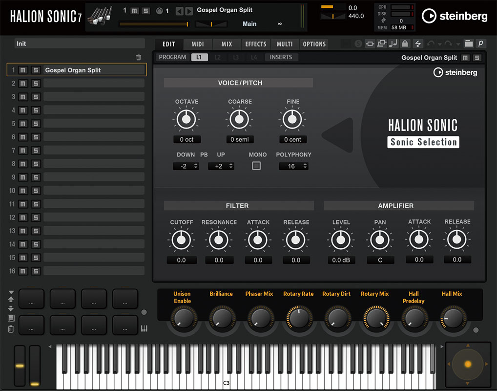 Cubaseに付属するサンプル・プレーヤーHALion Sonic 7で、オルガンの“Gospell Organ Split”を選択。本トラックでは、パラメーターを一切調整せずに使用した