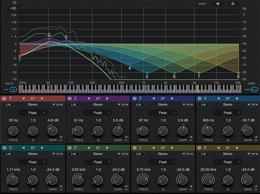 HALion Sonic 7の“Fingered Tube”で打ち込んだベースにインサートしたFrequencyの画面。50Hz辺りを5dBブーストし、100Hz辺りから上をバッサリとカット。これにより、重みがあって聴きやすいベースのサウンドを演出している