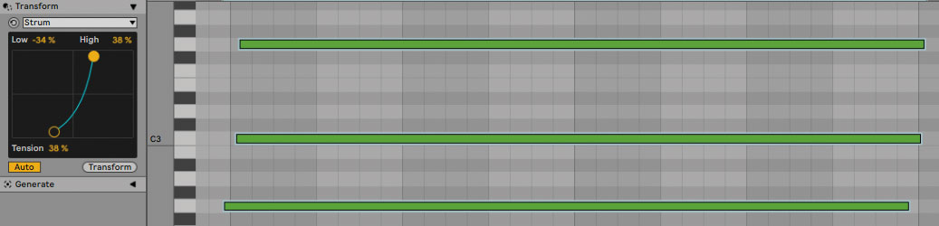 MIDIユーティリティ内のTransform（日本語表記ではMIDI変形ツール）。変形のモードは複数用意されていて、画面はストラム奏法のようなばらつきのあるストローク的な表現を可能にするStrumモードだ。音の重なりを分散させることで余計なリミッティングがかかることを回避する狙いもある