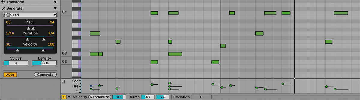 MIDIユーティリティ内のGenerate（日本語表記ではMIDI生成ツール）では、設定条件に合うMIDIノートを自動生成してくれる。ここでピックアップしたSeedでは、ピッチや音価、ベロシティなどを指定した条件の中でランダムなフレーズを生成するモードだ
