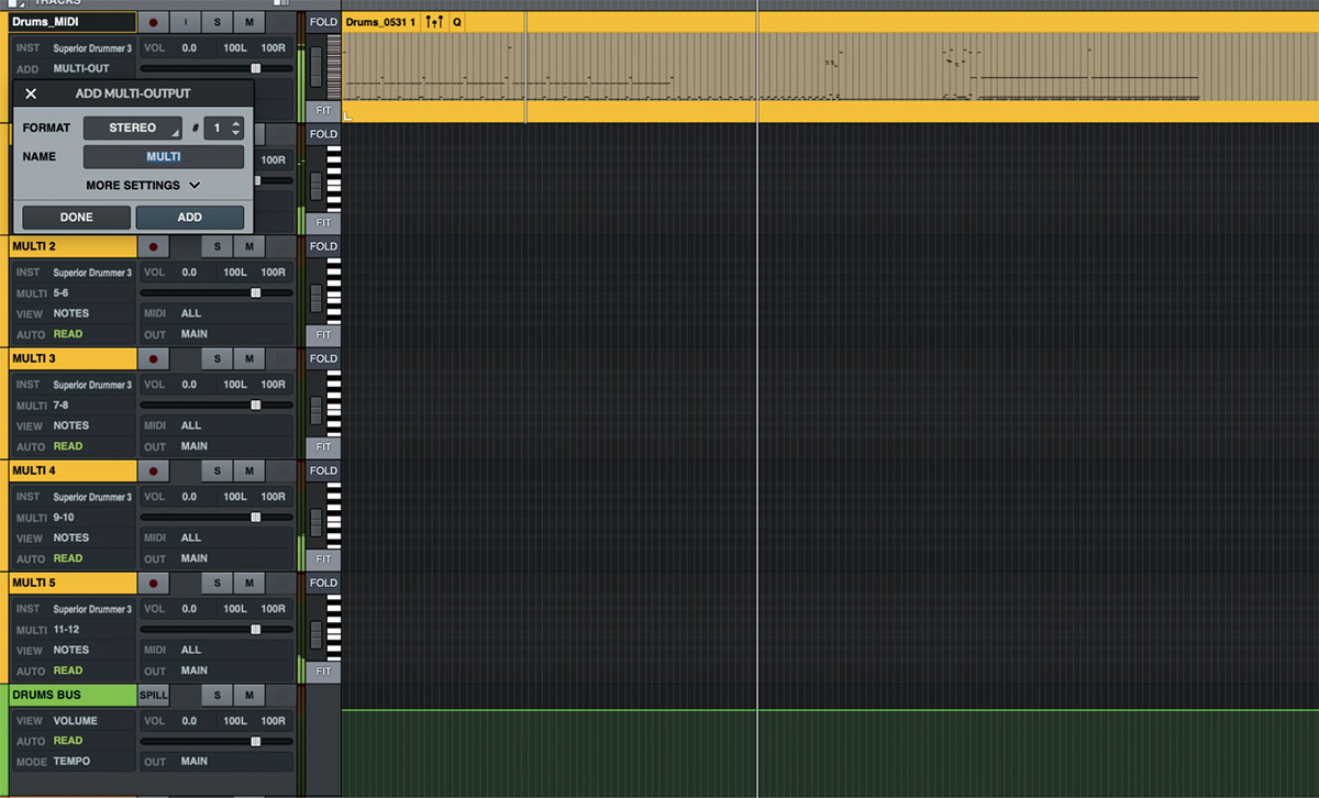 マルチアウトを行っている状態で、画面ではドラム音源のTOONTRACK Superior Drummer 3を設定し、ドラム音源の出力をマイクごとに分けています