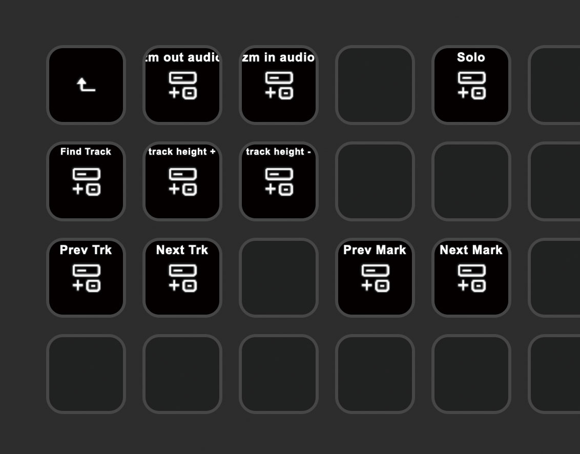 Stream Deckに登録してあるショートカットの例。ソロへの切り替えやマーカー間の移動などがワンボタンで行えるように設定しています