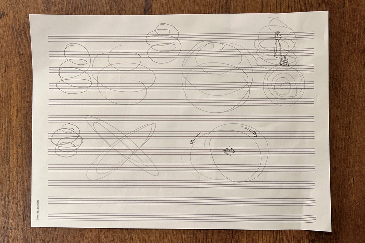 坂本がソニー・ミュージックスタジオでのスピーカー確認後に書いた直筆のメモ。右上の図では、座っている人の周りを囲むような様子、右下の図では左右に動くように見て取れる図が描かれている