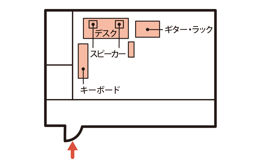 部屋の一角を作業スペースとして構築。左の収納スペースが広く、機材倉庫として有効活用している