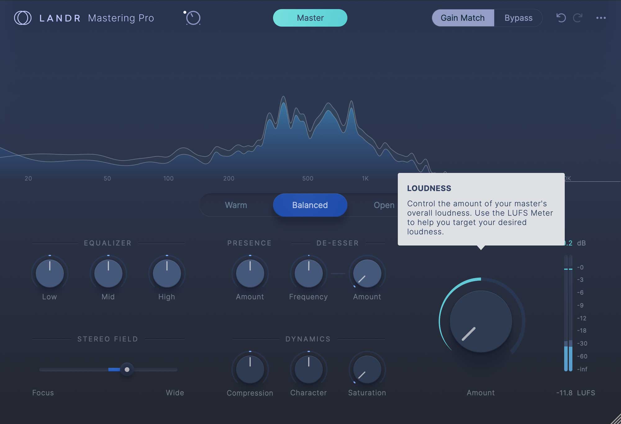 LOUDNESSを最小にして音色自体の変化を確認する