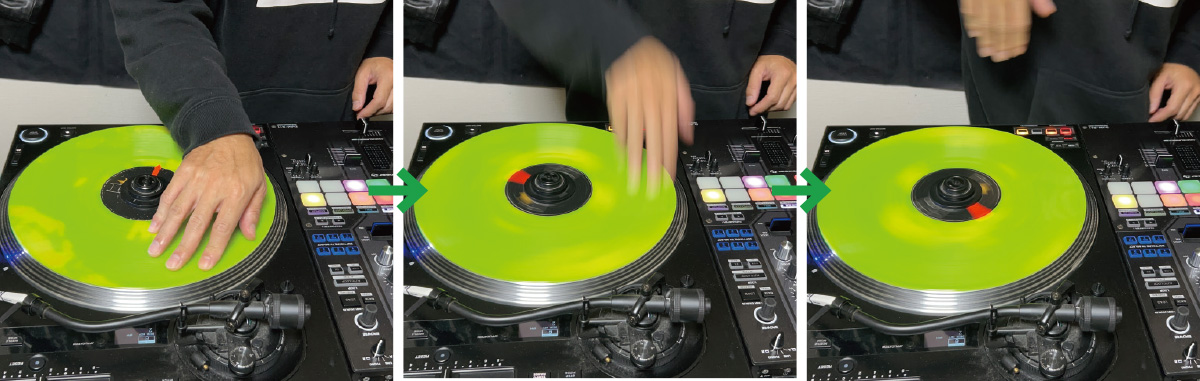 リリース後にレコードを勢いよく戻すことで、速い逆再生の音で終わらせることができる