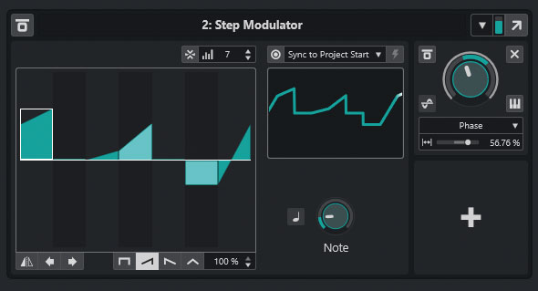 LFOのPhaseパラメーターにアサインしたStep Modulatorのコントロール・パネル。連続した波形であるLFOのサイン波に対して、オン／オフがハッキリしたモジュレーションを加えるのが筆者の好み。また、ランダム感を演出するため、ステップ数を奇数である7に設定している