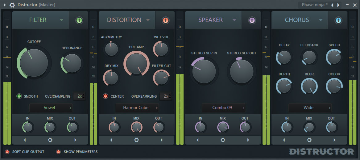 FL Studioのバージョン20.6で登場した、ディストーション＆アンプ・シミュレーター・プラグインのDistructor。フィルター、ディストーション、スピーカー・シミュレーター、コーラスをかけることができる。筆者のお気に入りのポイントは、これ1つでディストーションを４つまで重ねがけできること。プリセットも充実しており、中でも“Phase ninja”はディストーションのパラメーター“PRE AMP”を調整するだけで程良く攻撃的な音になるため、シンセやベースに使うことが多い