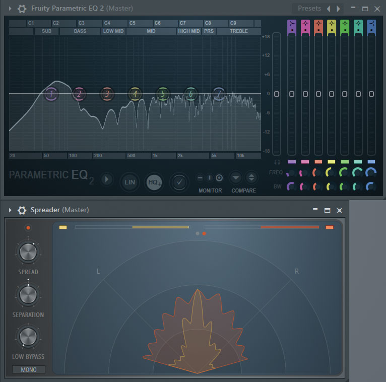 FL Studioユーザーに長年愛されている７バンド・パラメトリックEQのFruity Parametric EQ 2（上）と、バージョン2024.1で追加されたステレオ・イメージを広げるエフェクトSpreader（下）。両者ともにシンプルで使いやすいGUIが魅力で、今となっては手放せないプラグインである