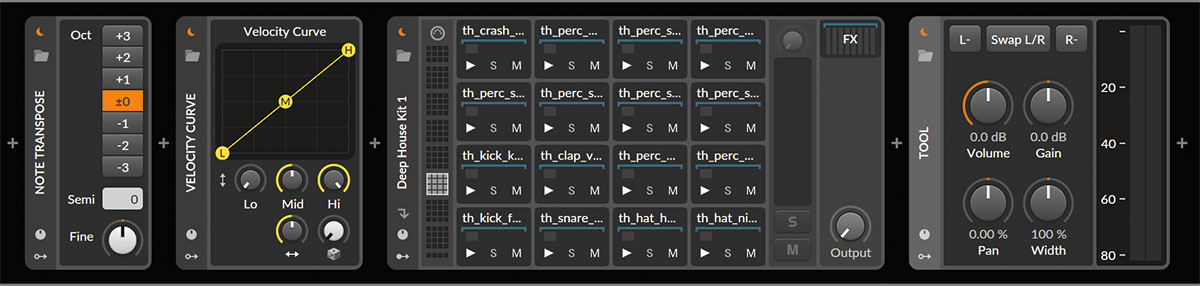 筆者お気に入りのデバイスを並べた。左からNote Transpose、Velocity Curve、Drum Machine、Tool。Note TransposeはMIDIノートの音高、Velocity Curveはベロシティの反応カーブを調整できる。Drum Machineは各パッドに複数のインストゥルメントやエフェクト・デバイスを格納して音作りができる音源デバイス。ToolはVolume、Gain、Pan、Widthをコントロールできるユーティリティ・デバイスだ