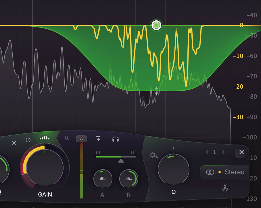 Spectral Dynamicsは、指定した帯域の範囲全体のゲインを変更せず、スレッショルドを超えるとその帯域内の特定の周波数の処理を行う機能。画面上は緑色の選択範囲に対して、黄色のラインがリダクションされている周波数となっている