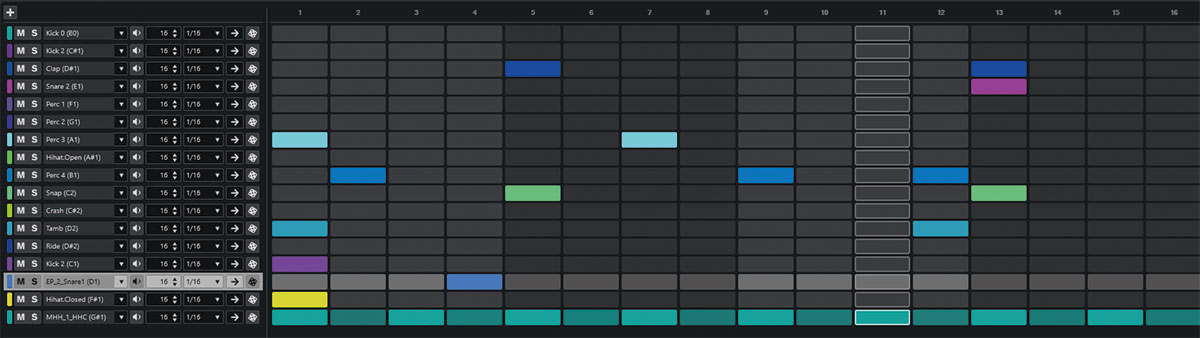 Drum Machineで作ったオリジナルのドラム・キットを、こちらも新機能のパターンエディターで打ち込んでいるところ。ステップ・シーケンサーのように直感的に打ち込んでいけるのが便利