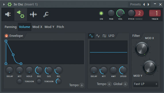 3x OscのEnvelope/Instrument Settingsタブ。Panning、Volume、Mod X、Mod Y、Pitchの5つのタブが用意され、それぞれのAHDSRやFilter、LFOのパラメーターが調整できる。画像はVolumeのパネルを開いているところ