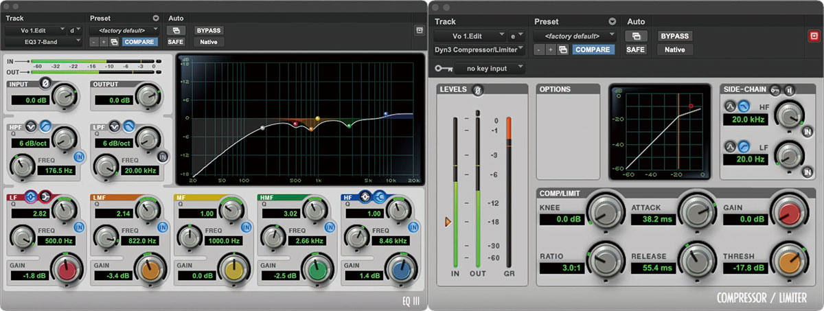 録り終えた︎ボーカルにかけたPro Tools純正プラグインのEQ III（左）とDynamics III（右）。EQ IIIでは500Hz、800Hzを辺りをカット。Dynamics IIIは、アタック・タイムが38.2msと“少し速め”、リリース・タイムが55.4msとが“中速”くらいの設定です