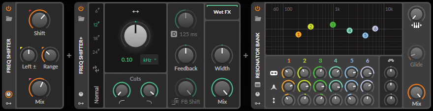 中央のデバイスが追加されたFreq Shifter+。これまでもFreq Shifter（画面左のデバイス）があったが、Freq Shifter+ではパラメーターの拡充やWet FXの追加などが施されている。Resonator Bank（画面右のデバイス）と組み合わせて音作りするのもよいだろう