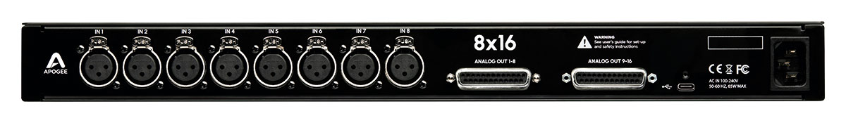 Symphony Studio 8×16のリア・パネル。8系統のXLR入力端子、16chのアナログ出力（D-Sub 25ピン）、USB-C端子を備えている。Symphony Studio 8×8は8系統のXLR入力＋8chのアナログ出力（D-Sub 25ピン）、Symphony Studio 2×12は2系統のXLR入力＋12chのアナログ出力（D-Sub 25ピン）という仕様だ