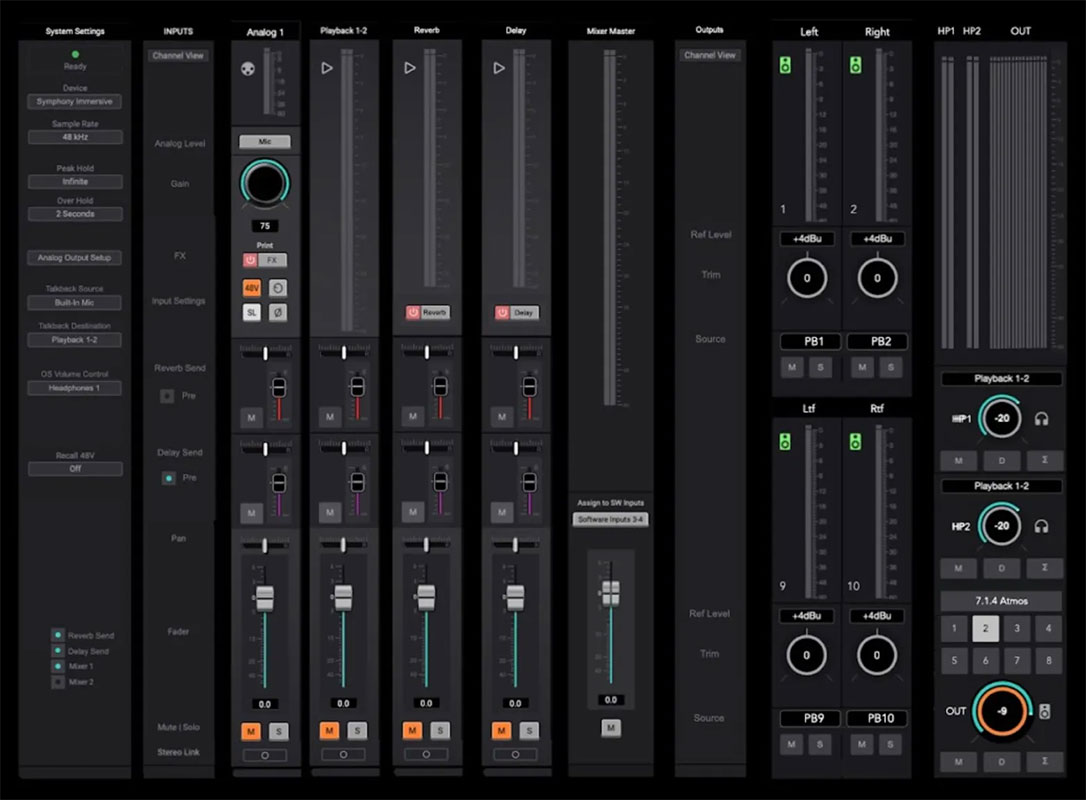 ミキサー・アプリケーションのApogee Control 2。モニター・コントロール機能も充実し、ベース・マネージメントやルームEQの設定も可能だ