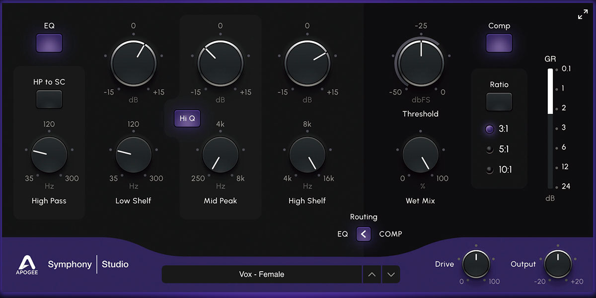 アップデートで入力段DSPに搭載予定のチャンネル・ストリップ。ハイパス・フィルターや3バンドEQ、ドライ／ウェットを備えるコンプ、サチュレーターが組み込まれている