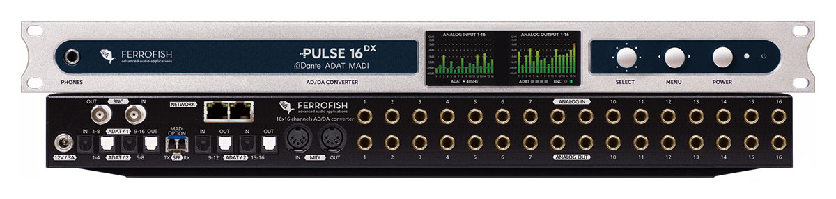 FERROFISHの上位コンバーターPULSE16シリーズの最新機種PULSE16 DX。最高24ビット／192kHzに対応し、アナログ入出力を16系統搭載。4系統のADATとMIDI入出力に加え、SFPモジュール対応のMADIインターフェースを搭載し、異なるMADI規格（シングル・モード／コアキシャル）も提供。64×64chのDanteインターフェース×2（プライマリー／セカンダリー）もあり、ネットワークに接続することが可能