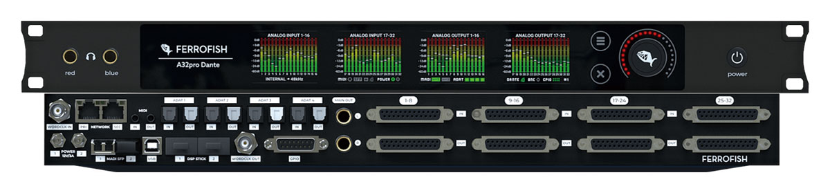 FERROFISHの上位コンバーターA32proシリーズの最新機種A32pro Dante。最高32ビット／192kHzに対応し、32chのアナログ入出力に加え、ステレオ・メイン・アウト、ADAT入出力×4系統、MADI入出力（SFPモジュール）、Dante×2系統（プライマリー／セカンダリー）を装備する。2つの電源アダプターによって、故障時には中断することなく切り替えることができる