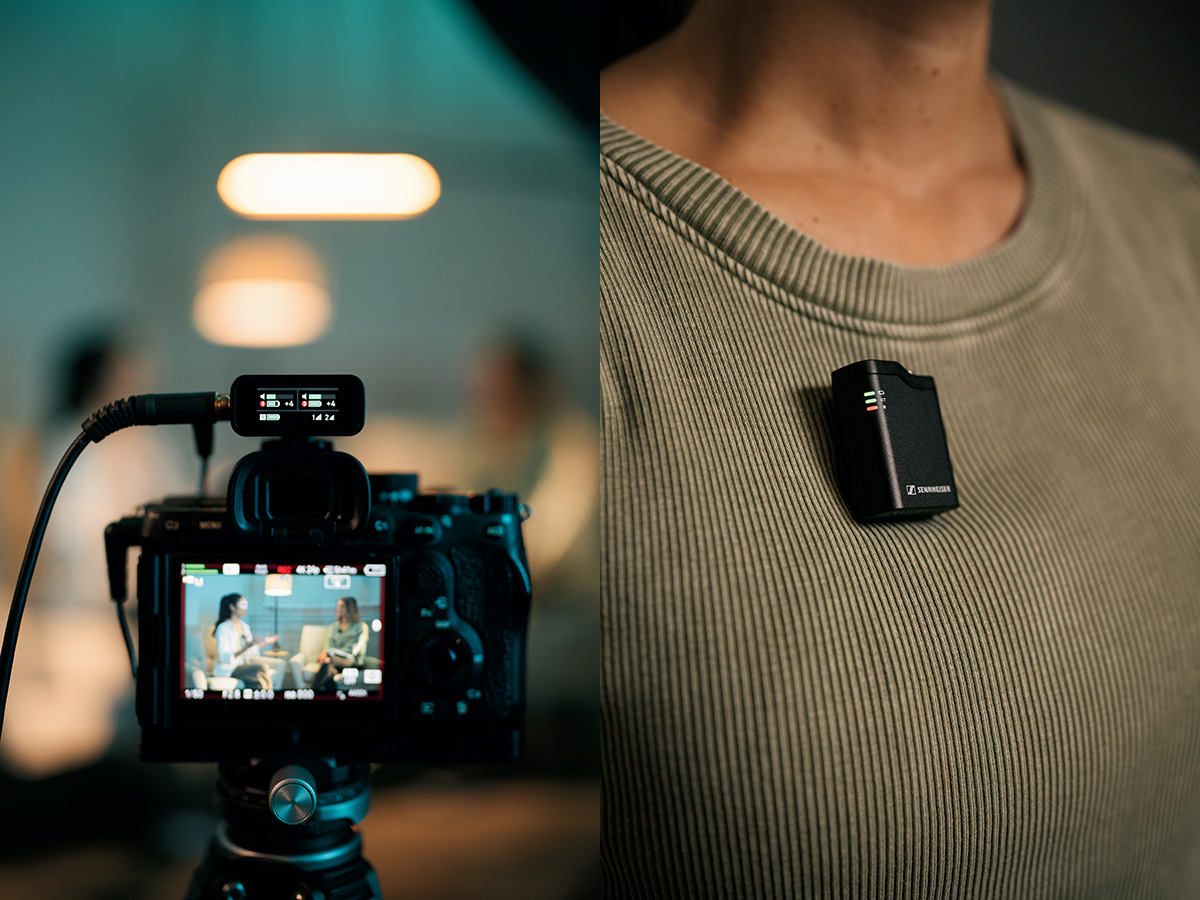 Profile Wirelessの使用シーン例。付属のコールド・シュー・アダプターでカメラに受信機をセットして、ライン・アウトからステレオ・ミニ・ケーブルでカメラのオーディオ・インへ入力している。送信機はクリップが付いているため、服の襟などへ挟み込むことも可能だが、付属のマグネットを使用することで写真右のように装着することもできる
