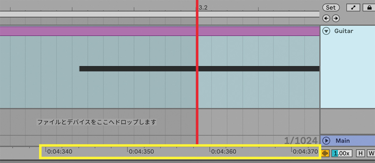 画面❹　ギターをコピーしたノイズのMIDIノートを拡大表示してみると、赤線のグリッドから7.5マス＝15ms早く発音しているのが分かる（黄枠のタイム表示を参照すると、1マスは2msとなっている）。なお、コピーする際は音色も似せることで、よりグルーヴのニュアンスをつかむことができる