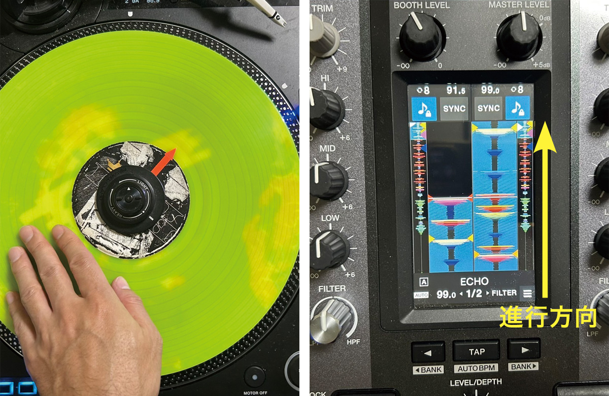 ②左タンテでドラムの一拍目を待機させている様子。右のミキサー写真のように、曲頭で待機させよう。なお、右写真のミキサー内の波形は下から上に向かって進む