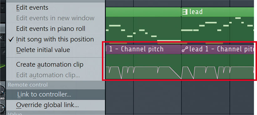 赤枠はシンセの“Channel pitch”のオートメーション・クリップ。このカーブでほかのパラメーターも同時に制御したいときは、制御したいパラメーターのノブを右クリック→“Init song with this position”→“Link to controller”の後に再びパラメーターのノブをクリック。それから表示される画面（Remote control settingウィンドウ）の“Internal controller”タブを開き、“Channel pitch”を選択すればOK。同じオートメーション・クリップに複数のパラメーターを同期させることができる