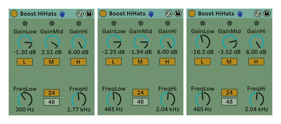 EQ ThreeのBoost Hihatsを3種類のコーラス・トラックにそれぞれ挿し、少しずつEQのニュアンスを変えている例。トラックを流しながらリアルタイムに変化を加えていくようなレコーディングもします