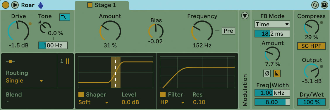 Glue CompressorとBoost Hihatsを挿した状態に近づけるときのRoarのFilterはハイパスで。さらにつぶれ具合や太さなど細かな調節ができます