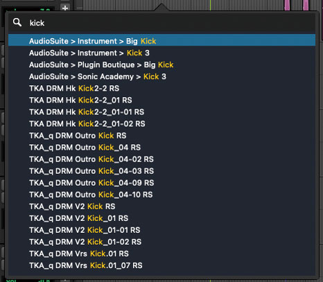 control＋shift＋S（WindowsはStart＋Shift＋S）で立ち上がる検索フィールド。画面は“Kick”で検索をかけたところ。“Kick”が含まれるオブジェクトが一覧でき、フィールド内から選択&実行が可能です