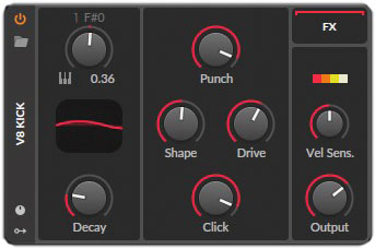 ROLAND TR-808系のキック音源、V8 Kick。左上にあるTuneやその下のDecay、右側のVel Sens.、OutputはV0/8/9のドラム・デバイスで共通のパラメーターとなっている