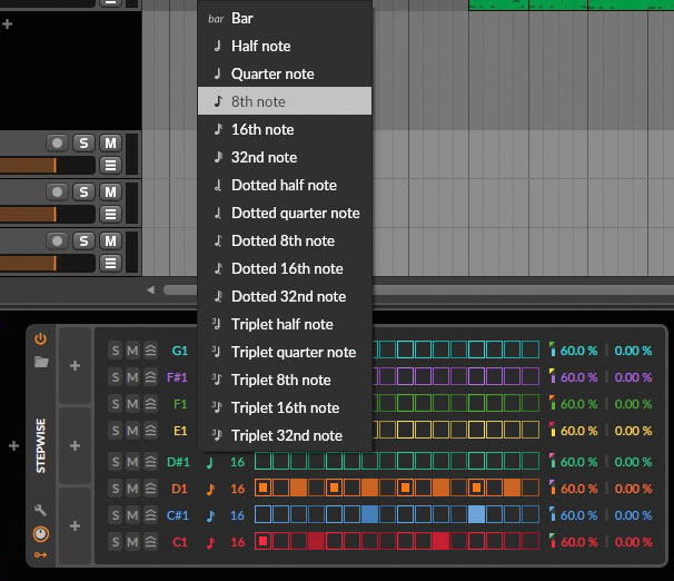 ステップ・シーケンサーのStepwiseはDrum Machineの前段にセット。8つのステップ・レーンを使用でき、それぞれでレート（1ステップの音価）を変更可能だ