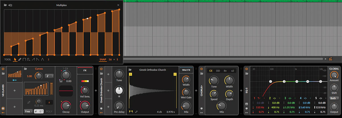 V8 Clavesを使ったFXサウンドを作った。V8 ClavesのTuneノブをモジュレーターのCurveを使って変調するのがポイントだ。カーブの形は、Multiplexというプリセットを使用した