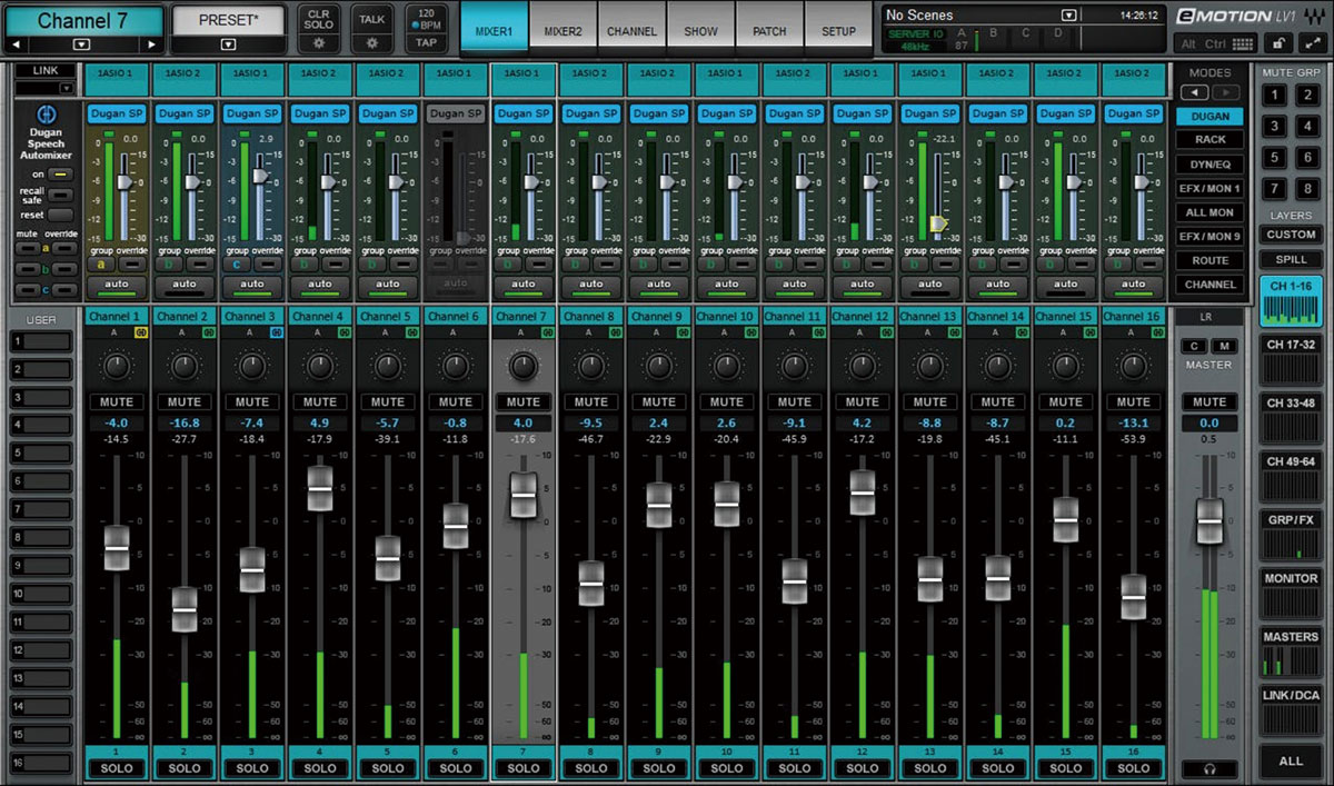 別売りオプションのDugan Automixer ＋ Dugan Speechは、最大64chのマイク入力ゲインをリアルタイムで自動制御するソフトウェア。1人が話している間はほかのマイクのゲインを下げたり、複数名で話しているときはゲインを共有したりすることで、マイクを複数使う現場でのコントロールに役立つ