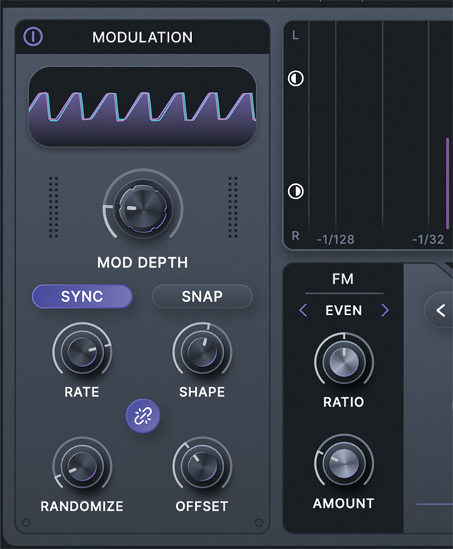 画面左がMODULATION。上部のグラフィックはMOD DEPTHのパラメーターに応じて変化する。下部4つのツマミの中央にあるのはSTEREO RANDOMIZEボタンで、ステレオ・チャンネルに個別のランダムが適用され、音の“揺れ”を演出する