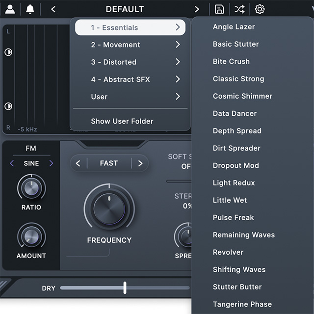 プリセットは4つのカテゴリに分かれている。“Essentials”はWave Shifterの基本的なエフェクトで、“Movement”は音の動きが大きいエフェクト、“Distorted”はビット・クラッシャーやリング・モジュレーション、“Abstract SFX”はより過激な飛び道具系を内包する