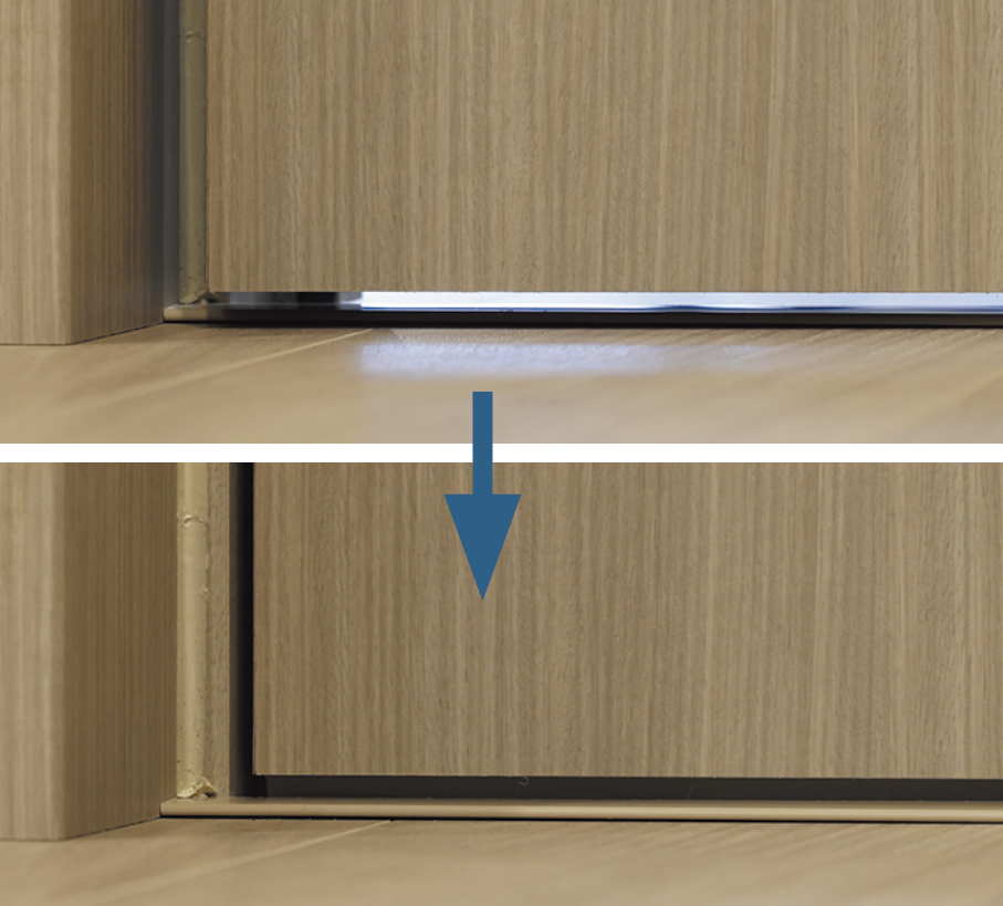 ▲︎防音ドアを閉めると、床との間にある隙間が自動で塞がれる仕様。“密閉空間”が完成する