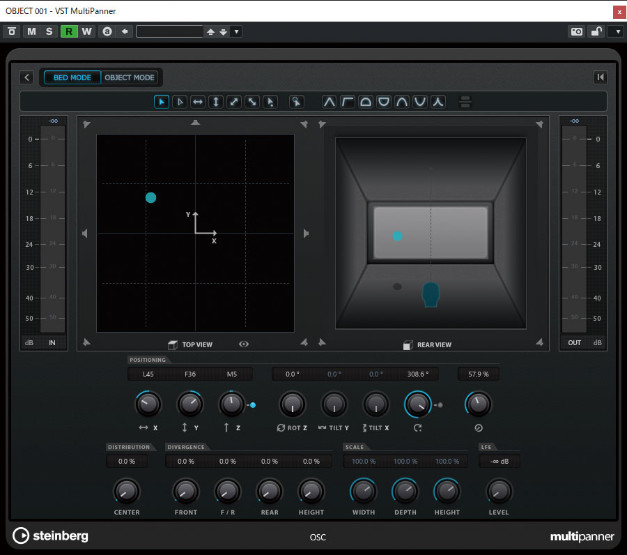Music Canvas Showの各オブジェクトの位置情報は、Steinberg Nuendo付属プラグインのVST MultiPannerによって記録。トップ・ビュー（画面左）とリア・ビュー（同右）で視覚的に確認しながら位置を細かく設定できる