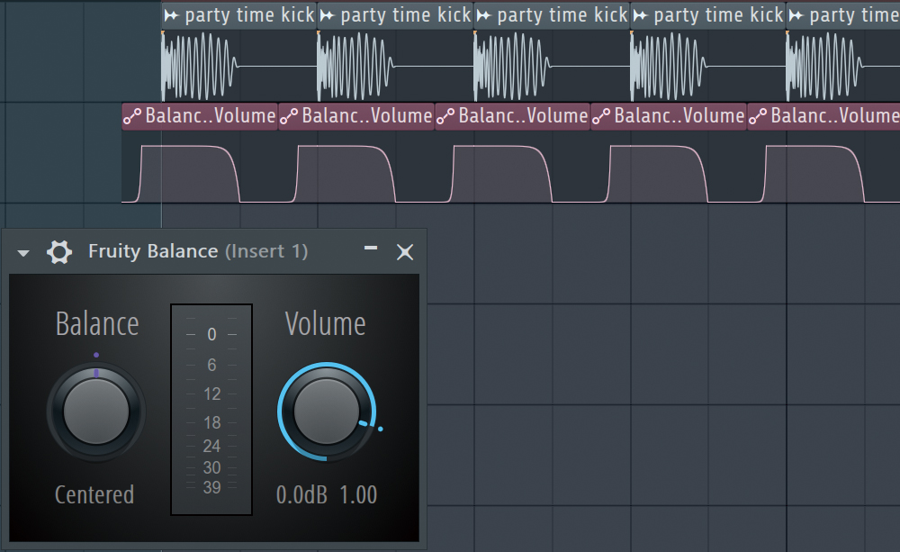 Fruity Balanceの“Volume”でキックのリリースを調整しているところ。筆者は1/2拍で0dBになるようオートメーションを書くことで、タイトに聴こえるように工夫している