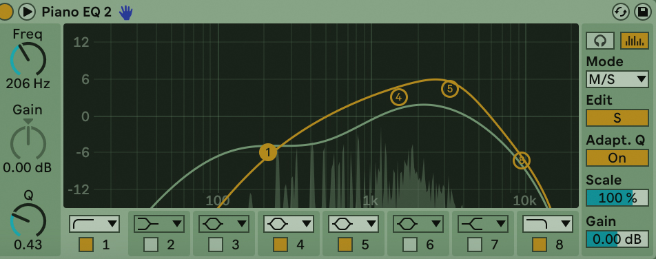 オレンジはサイドの曲線です。ボーカルと当たりそうなところでも上げめになっています。一方、薄緑のミッドの曲線ではボーカルと当たる付近は凹ませています。やりすぎないように試行錯誤していきます