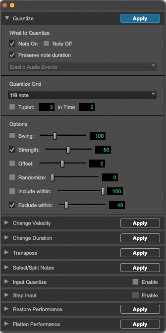 Option（WindowsはAlt）＋0のショートカットで立ち上がるEvent Operations Window（日本語設定ではイベント操作ウィンドウ）のクオンタイズメニューでは、グリッドやスウィング、指定範囲のみ適用／除外といった詳細の設定ができる。ここではStrength（強さ）を50％辺りに設定することで、“自然さ”を生かしている