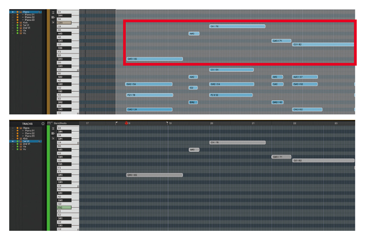 上の画面が4声のピアノのコードで、下の画面がEvent Operations Window（イベント操作ウィンドウ）のSelect/Split Note（ノート選択／分割）機能でピアノのトップコード（赤枠）のノートをバイオリンのクリップにコピーしたところ。オーケストレーションなど、複数の楽器を使う制作の際に便利