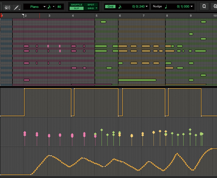 Pro ToolsのMIDIエディタでは、画面の下部にベロシティやサステイン、モジュレーション・ホイールといった情報のコントローラーパネルを複数同時に表示することができる。画面は、ピアノロールの下に3つのコントロール情報を表示させたところ。この視認性の高さも魅力