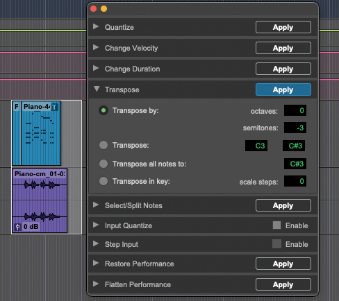 Event Operations Window（イベント操作ウィンドウ）のTransposeメニューでは、MIDIトラックと、エラスティックモードのオーディオトラックのキーを一括で変更可能。画面では、MIDIクリップ（青）、オーディオクリップ（紫）のキーを同時に設定している