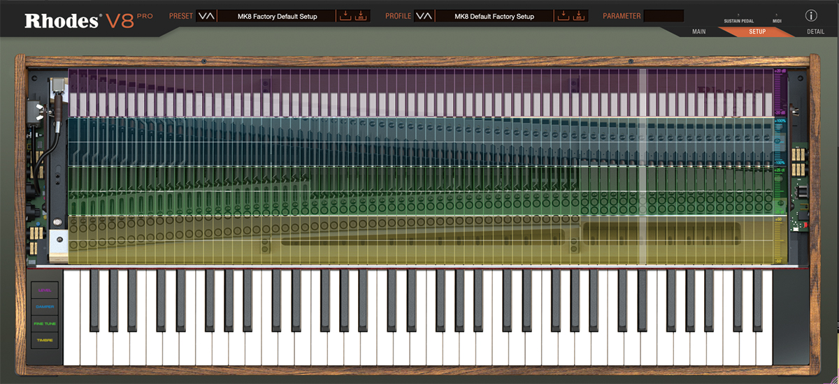 SETUP画面。LEVEL、DAMPER、FINE TUNE、TIMBREから内部構造を調整することで、クラシックから非現実的な音色まで、多彩な音作りが実現できるという